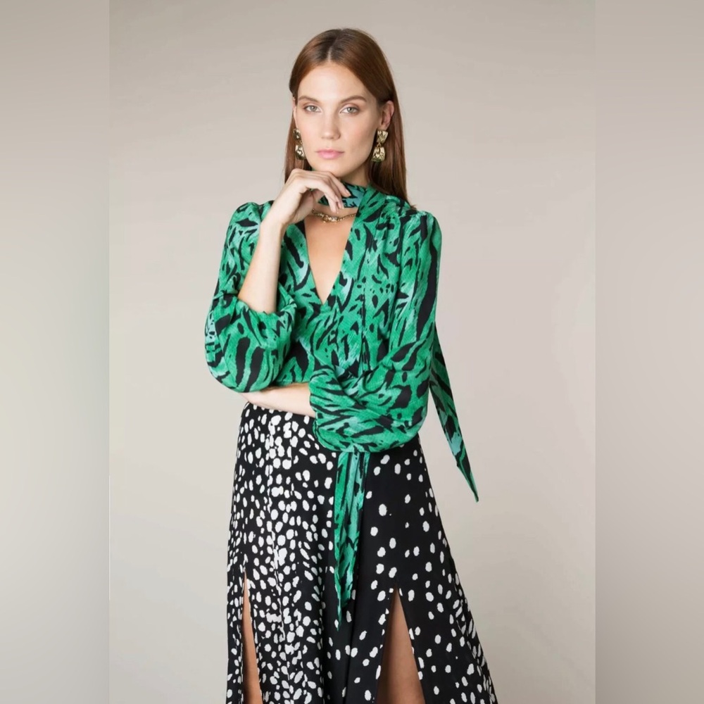 Rixo Women's Moss Necktie Tiger Stripe Blouse - Green - Picture 2 of 9
